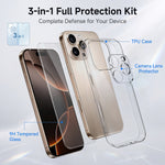 Til iPhone 16 Pro Max cover 3-i-1 TPU gennemsigtigt telefoncover med skærmbeskytter i høj aluminium-siliciumglas + linsebeskytter