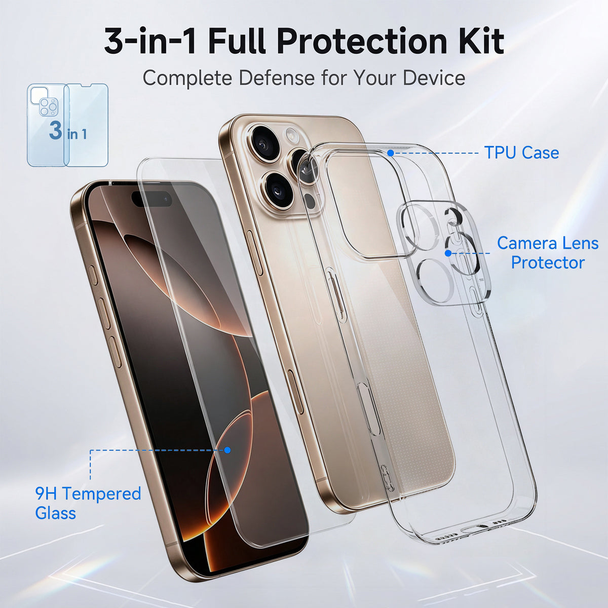 Til iPhone 16 Pro Max cover 3-i-1 TPU gennemsigtigt telefoncover med skærmbeskytter i høj aluminium-siliciumglas + linsebeskytter