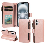 For iPhone 16 Leather Case 9 Card Slots Zipper Pocket Phone Cover with Wrist Strap