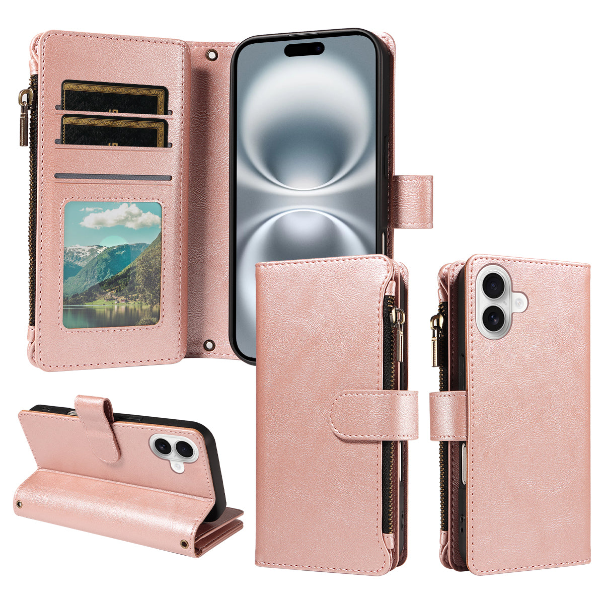 For iPhone 16 Leather Case 9 Card Slots Zipper Pocket Phone Cover with Wrist Strap