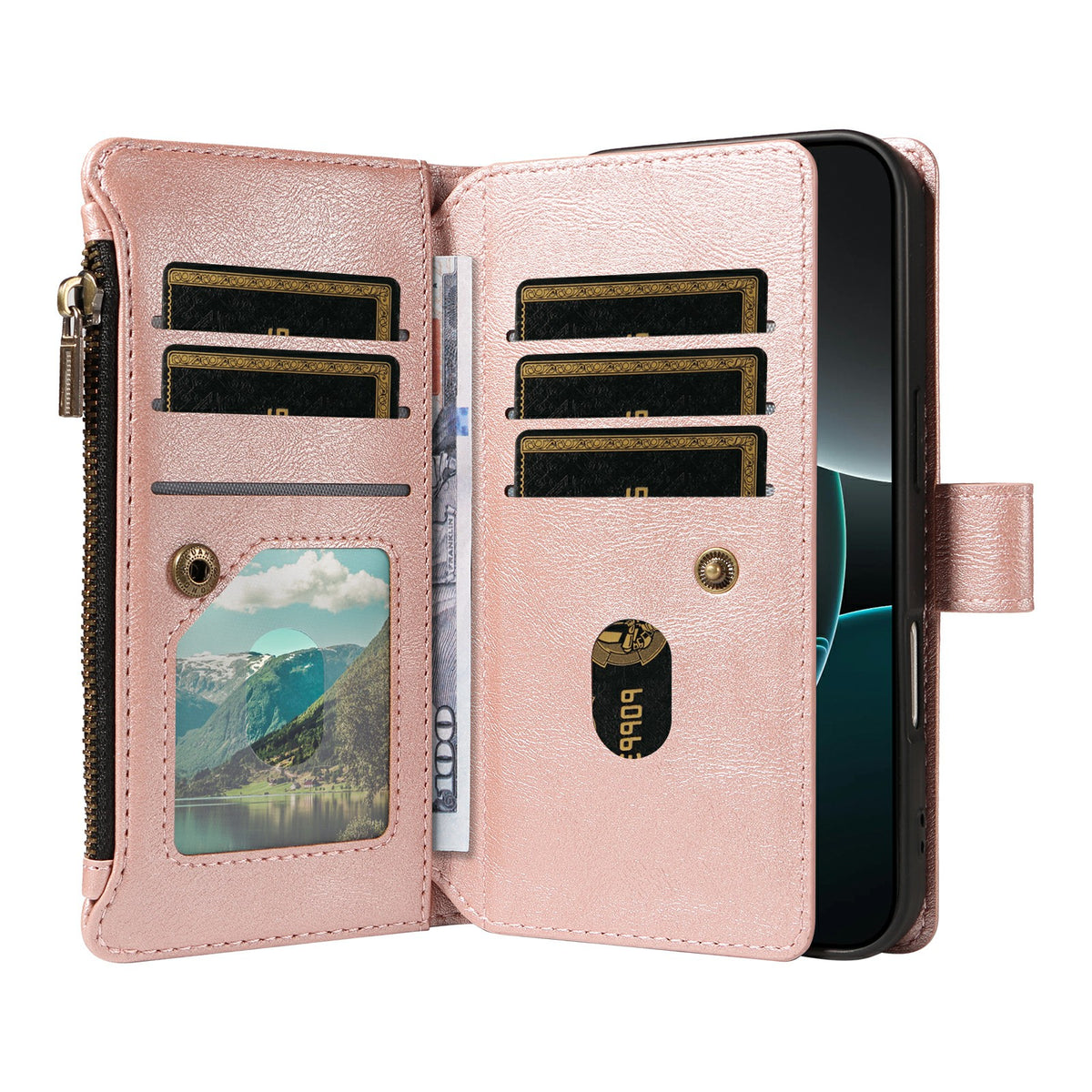 For iPhone 16 Leather Case 9 Card Slots Zipper Pocket Phone Cover with Wrist Strap