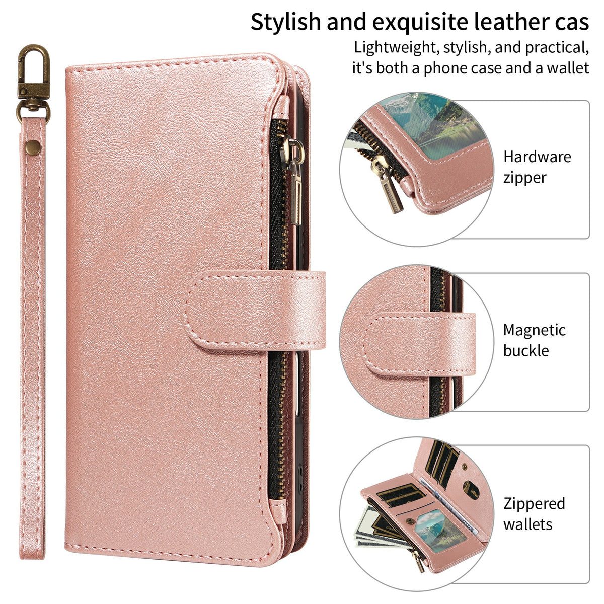 For iPhone 16 Leather Case 9 Card Slots Zipper Pocket Phone Cover with Wrist Strap
