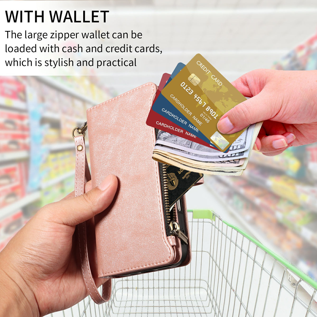 For iPhone 16 Leather Case 9 Card Slots Zipper Pocket Phone Cover with Wrist Strap
