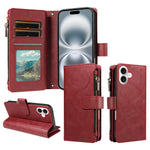 For iPhone 16 Leather Case 9 Card Slots Zipper Pocket Phone Cover with Wrist Strap