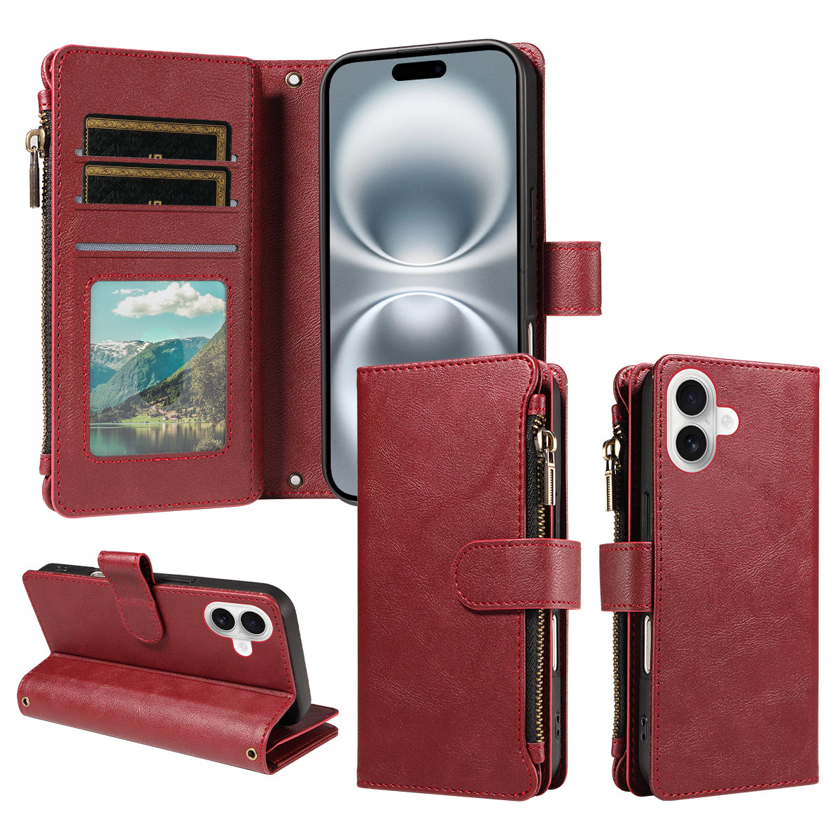 For iPhone 16 Leather Case 9 Card Slots Zipper Pocket Phone Cover with Wrist Strap