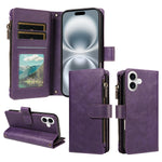 For iPhone 16 Leather Case 9 Card Slots Zipper Pocket Phone Cover with Wrist Strap