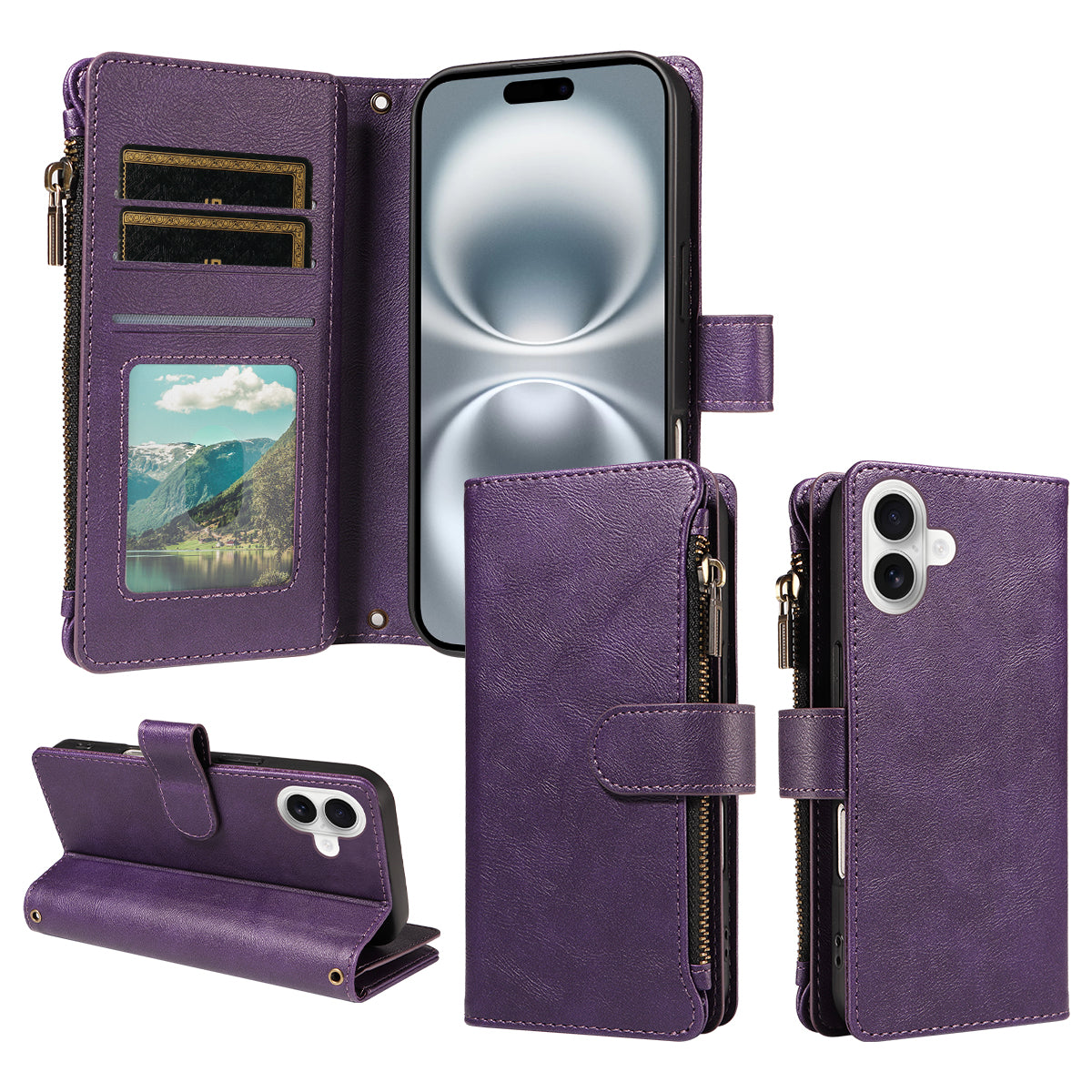 For iPhone 16 Leather Case 9 Card Slots Zipper Pocket Phone Cover with Wrist Strap