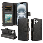 For iPhone 16 Leather Case 9 Card Slots Zipper Pocket Phone Cover with Wrist Strap