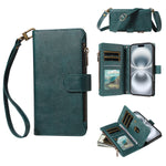 For iPhone 16 Leather Case 9 Card Slots Zipper Pocket Phone Cover with Wrist Strap