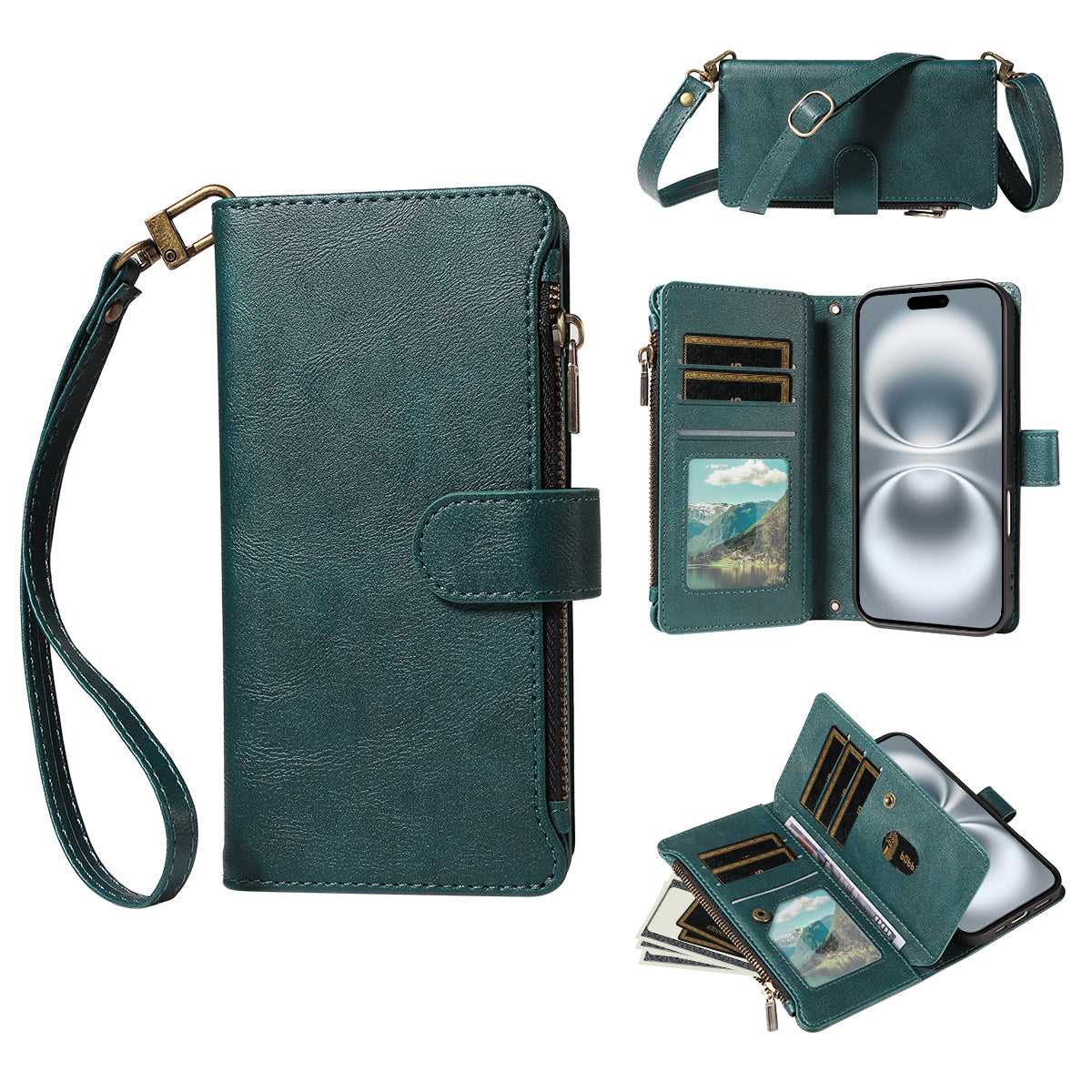 For iPhone 16 Leather Case 9 Card Slots Zipper Pocket Phone Cover with Wrist Strap