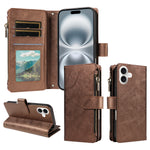 For iPhone 16 Leather Case 9 Card Slots Zipper Pocket Phone Cover with Wrist Strap