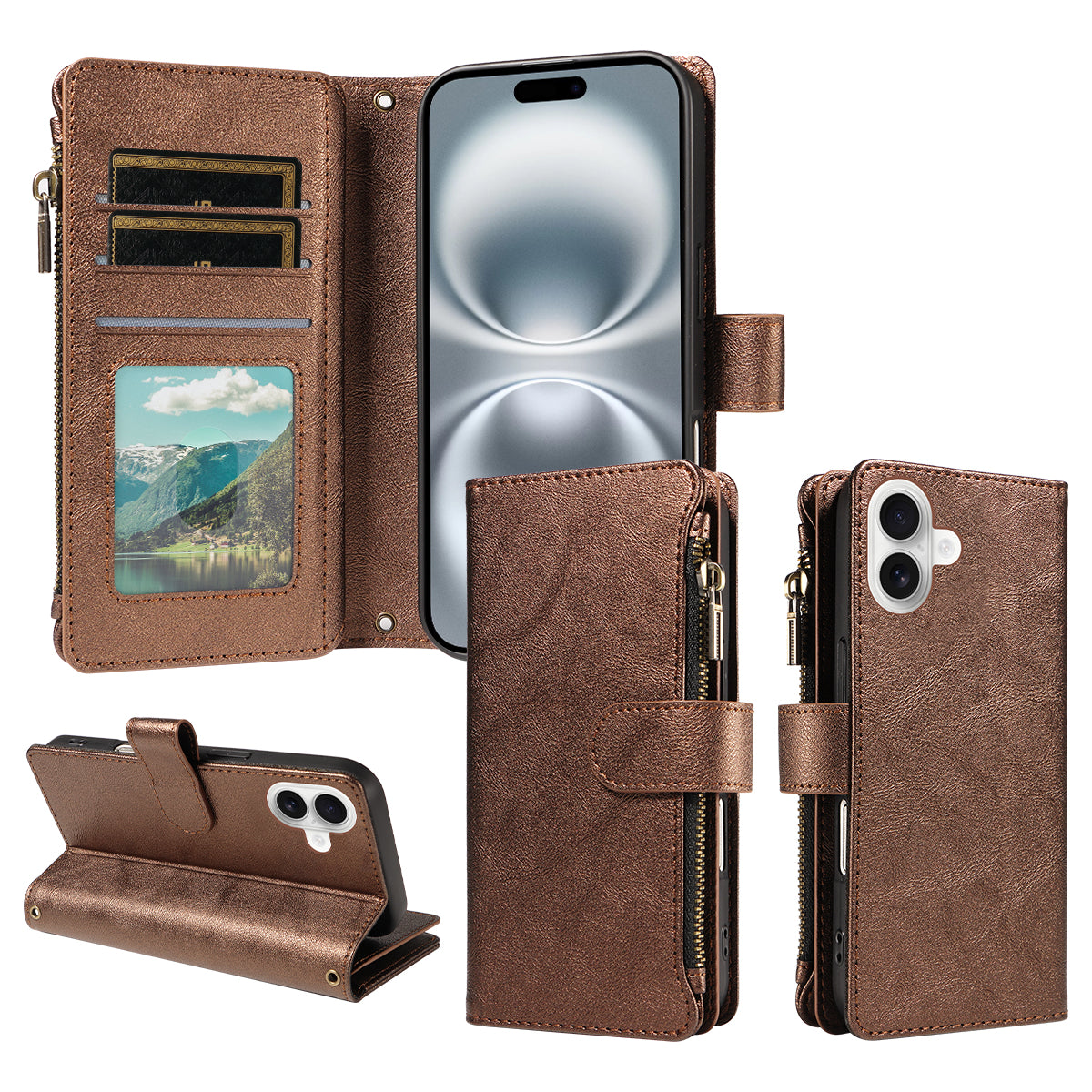 For iPhone 16 Leather Case 9 Card Slots Zipper Pocket Phone Cover with Wrist Strap