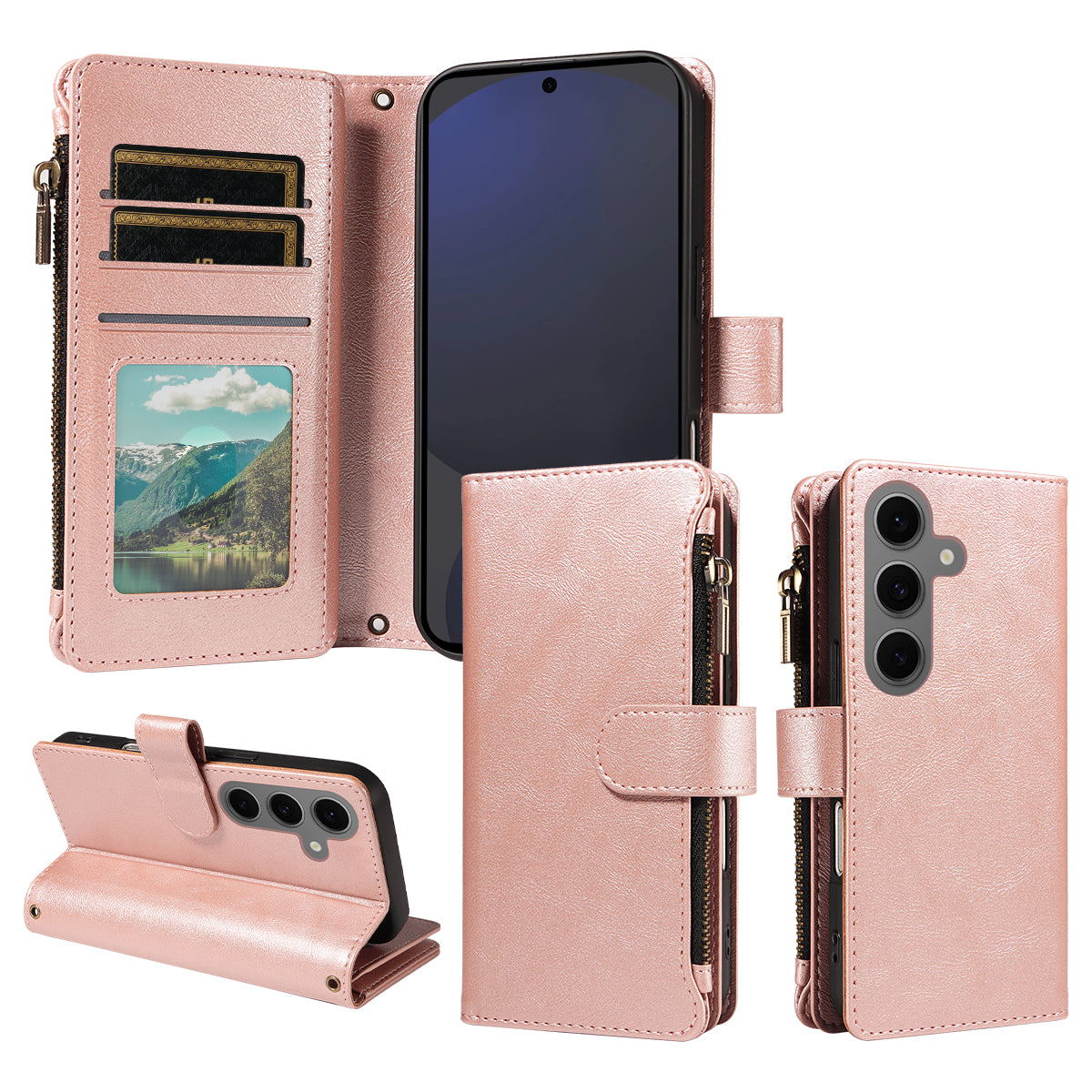 For Samsung Galaxy S25+ Leather Case 9 Card Slots Zipper Pocket Phone Cover with Wrist Strap