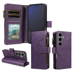 For Samsung Galaxy S25+ Leather Case 9 Card Slots Zipper Pocket Phone Cover with Wrist Strap