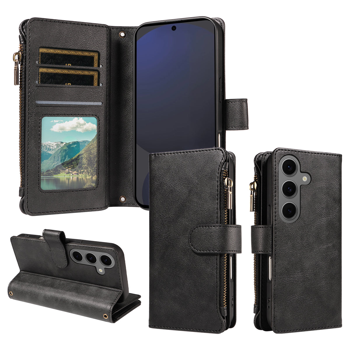 For Samsung Galaxy S25+ Leather Case 9 Card Slots Zipper Pocket Phone Cover with Wrist Strap