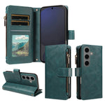 For Samsung Galaxy S25+ Leather Case 9 Card Slots Zipper Pocket Phone Cover with Wrist Strap