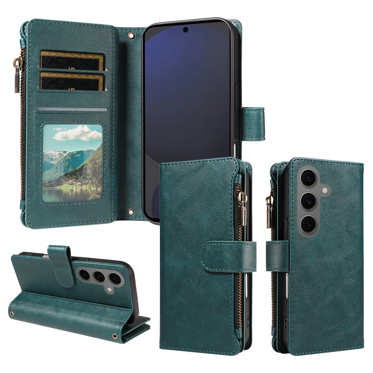 For Samsung Galaxy S25+ Leather Case 9 Card Slots Zipper Pocket Phone Cover with Wrist Strap