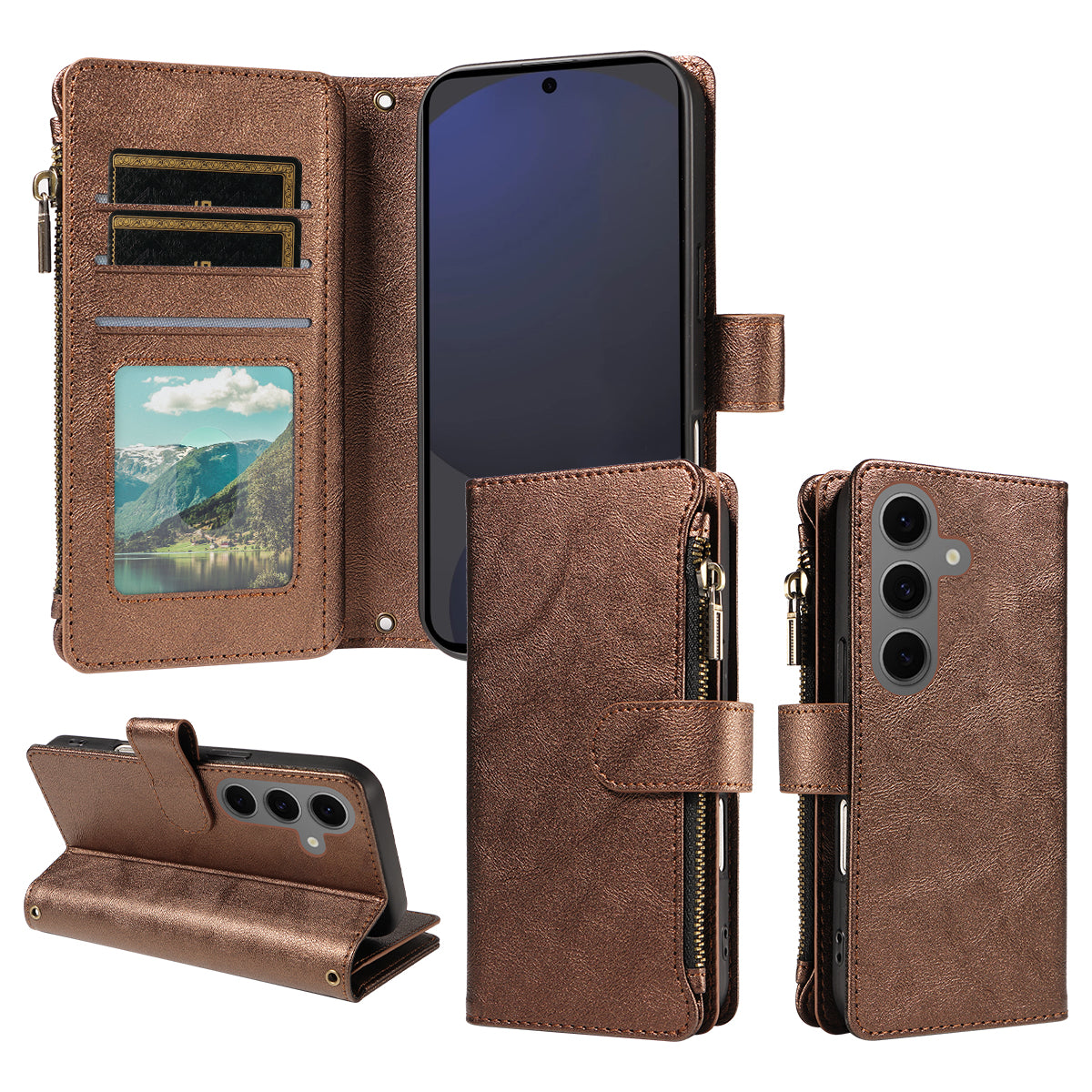 For Samsung Galaxy S25+ Leather Case 9 Card Slots Zipper Pocket Phone Cover with Wrist Strap