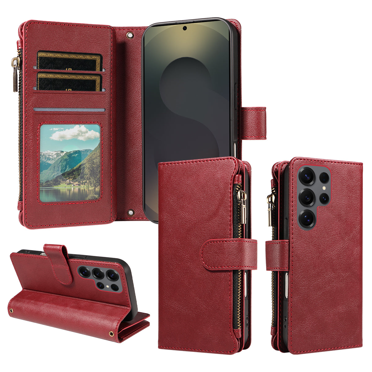 For Samsung Galaxy S25 Ultra Leather Case 9 Card Slots Zipper Pocket Phone Cover with Wrist Strap