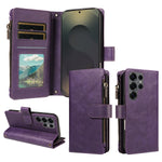 For Samsung Galaxy S25 Ultra Leather Case 9 Card Slots Zipper Pocket Phone Cover with Wrist Strap