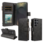 For Samsung Galaxy S25 Ultra Leather Case 9 Card Slots Zipper Pocket Phone Cover with Wrist Strap
