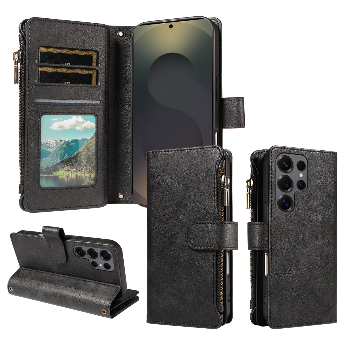 For Samsung Galaxy S25 Ultra Leather Case 9 Card Slots Zipper Pocket Phone Cover with Wrist Strap