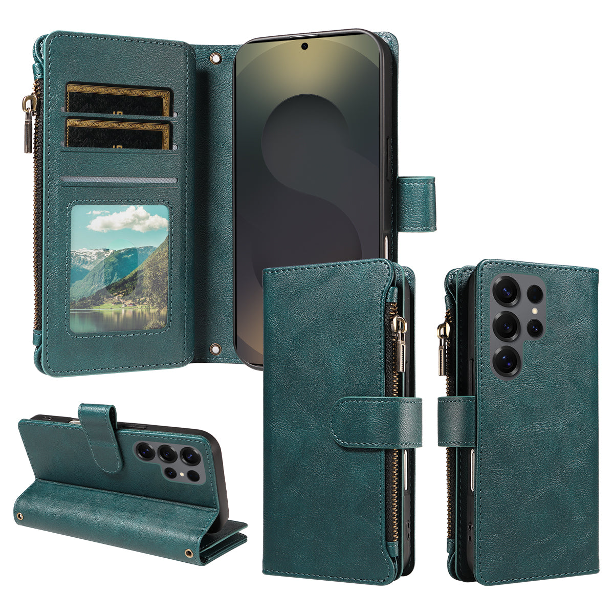 For Samsung Galaxy S25 Ultra Leather Case 9 Card Slots Zipper Pocket Phone Cover with Wrist Strap