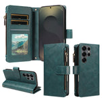 For Samsung Galaxy S25 Ultra Leather Case 9 Card Slots Zipper Pocket Phone Cover with Wrist Strap