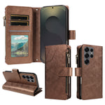 For Samsung Galaxy S25 Ultra Leather Case 9 Card Slots Zipper Pocket Phone Cover with Wrist Strap
