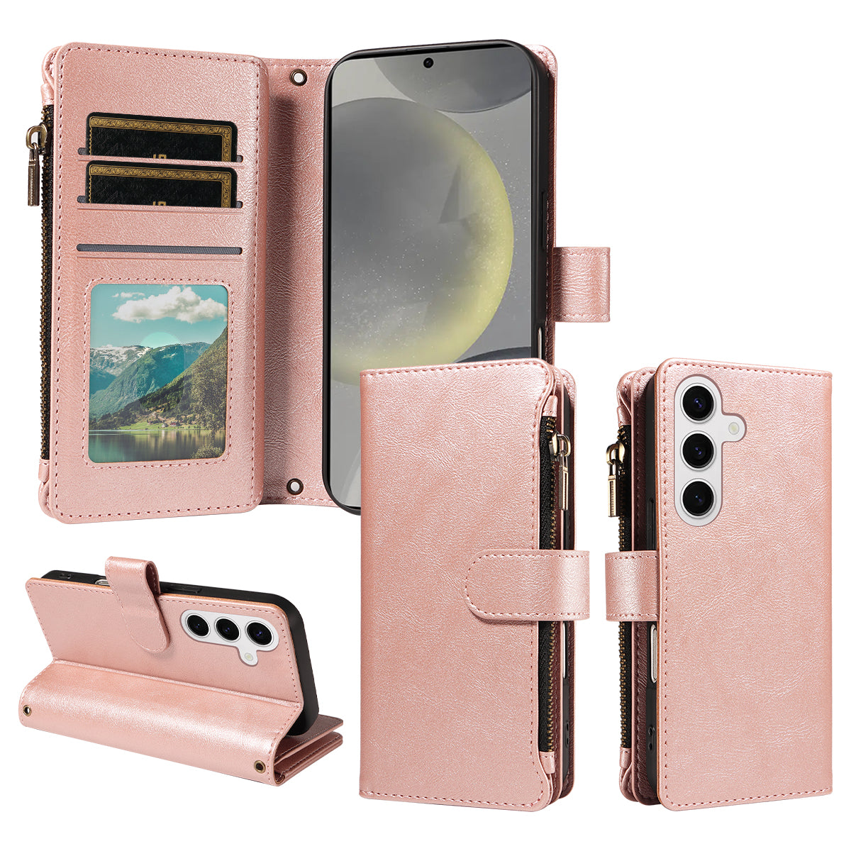 For Samsung Galaxy S25 Leather Case 9 Card Slots Zipper Pocket Phone Cover with Wrist Strap
