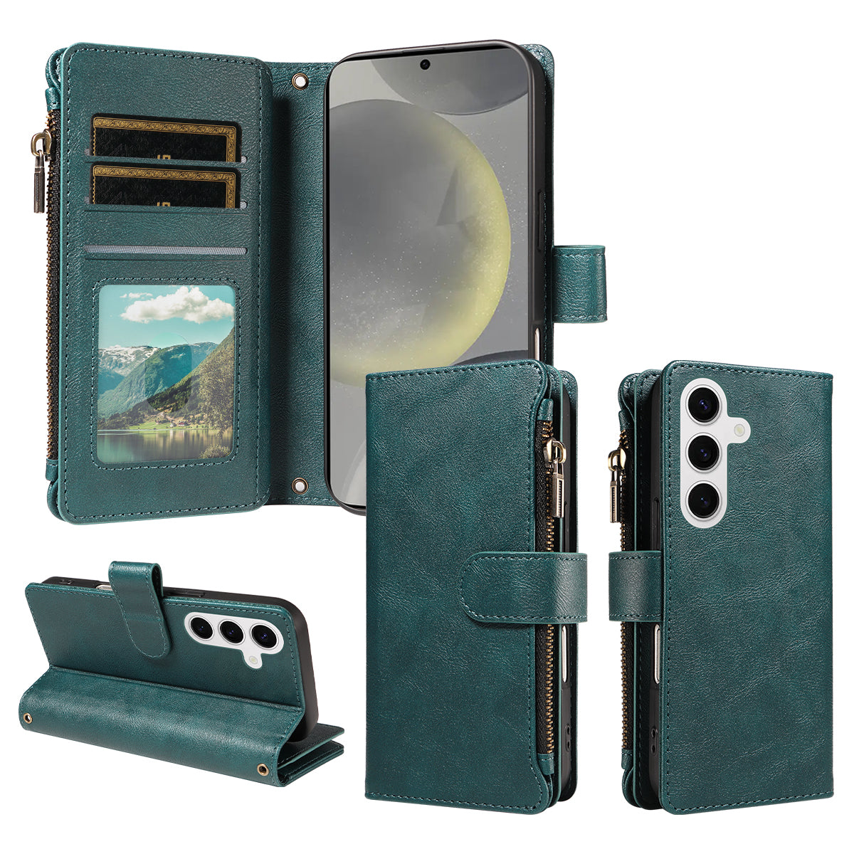 For Samsung Galaxy S25 Leather Case 9 Card Slots Zipper Pocket Phone Cover with Wrist Strap