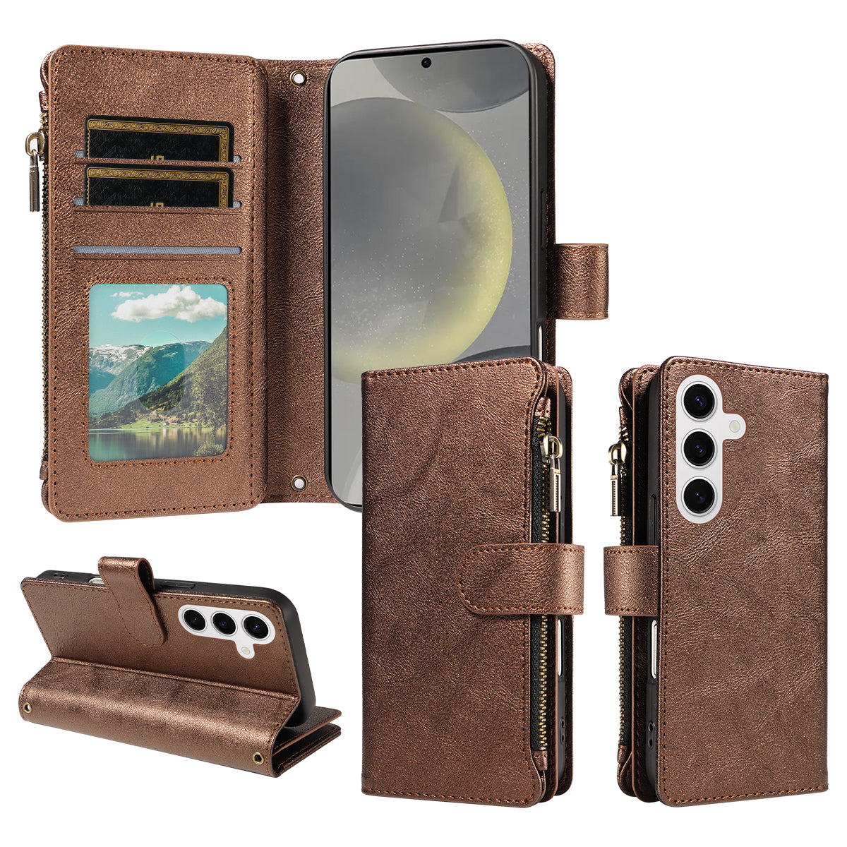 For Samsung Galaxy S25 Leather Case 9 Card Slots Zipper Pocket Phone Cover with Wrist Strap