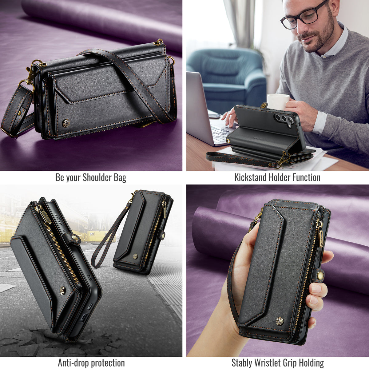 CASEME for Samsung Galaxy S26 FE C36 Leather Case Zipper 10 Card Slots Phone Cover with Straps