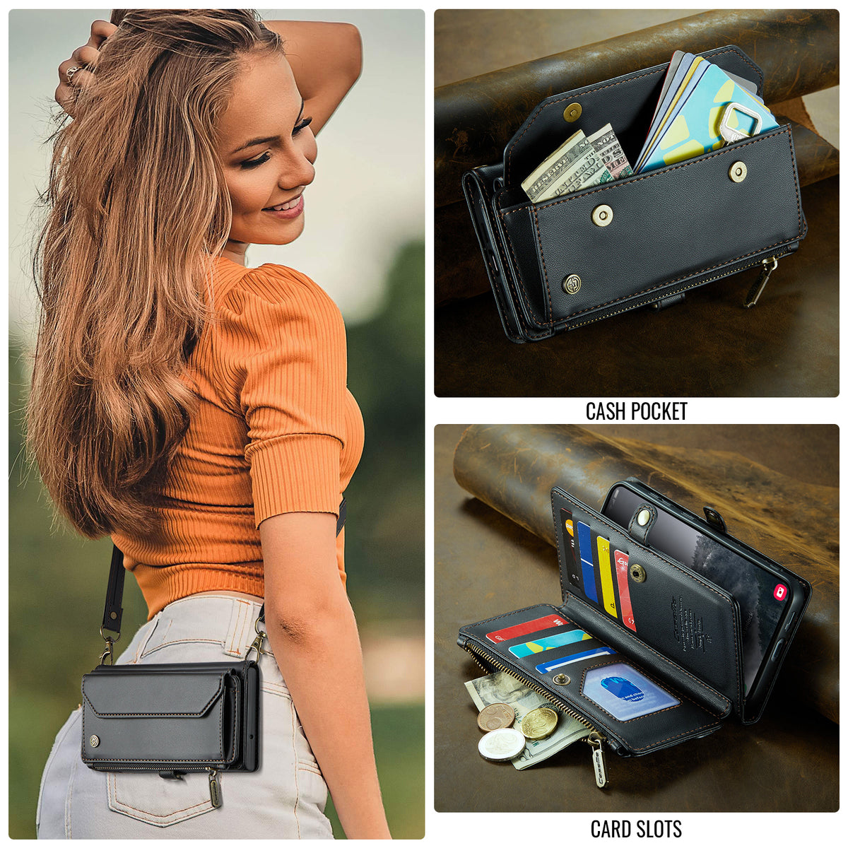 CASEME for Samsung Galaxy S26 FE C36 Leather Case Zipper 10 Card Slots Phone Cover with Straps
