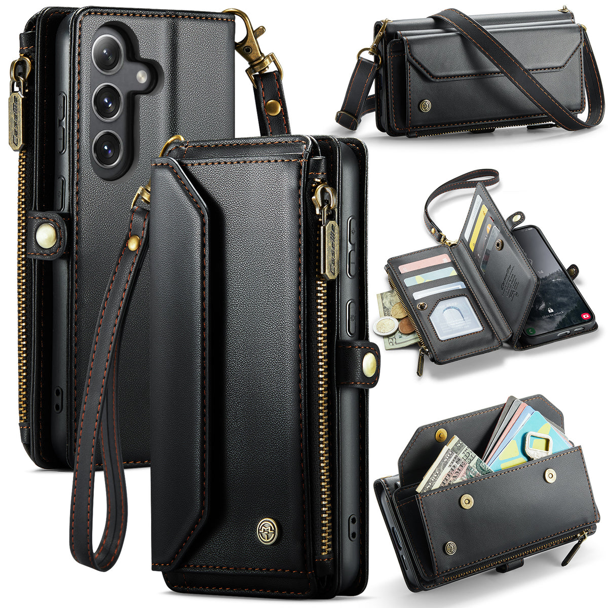 CASEME for Samsung Galaxy S26 FE C36 Leather Case Zipper 10 Card Slots Phone Cover with Straps