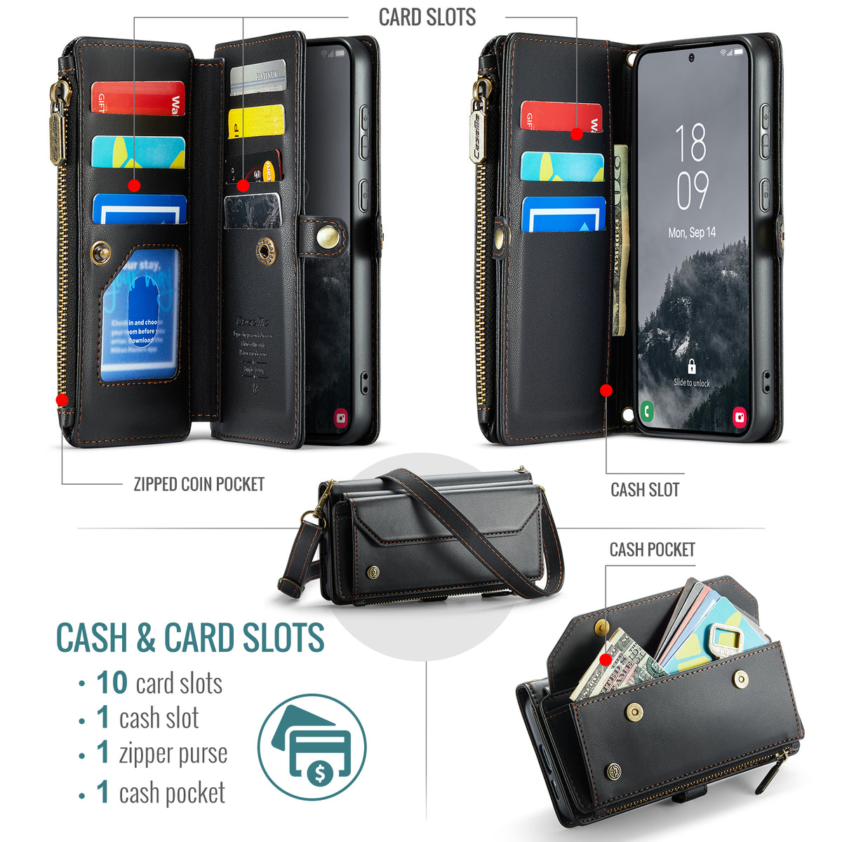 CASEME for Samsung Galaxy S26 FE C36 Leather Case Zipper 10 Card Slots Phone Cover with Straps