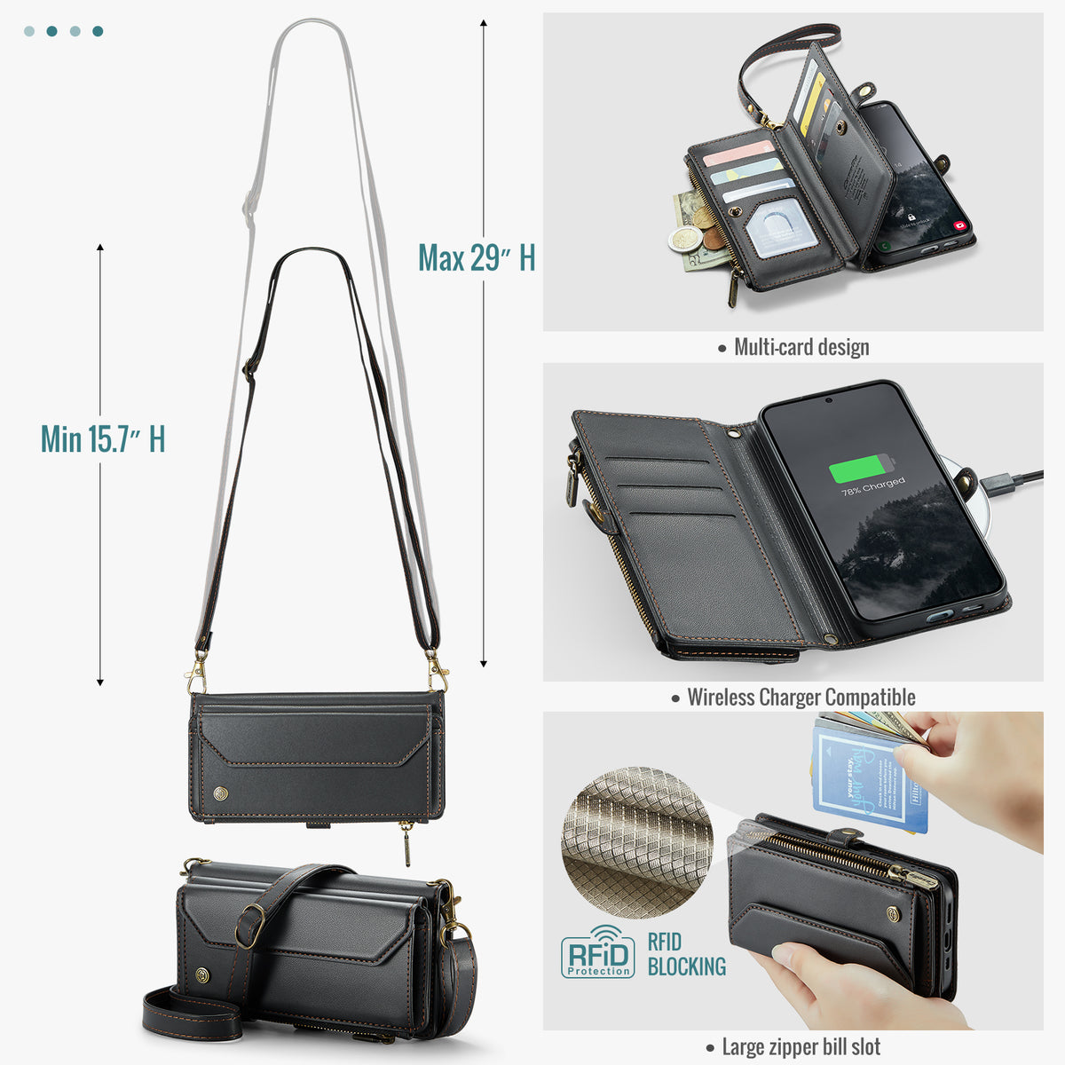 CASEME for Samsung Galaxy S26 FE C36 Leather Case Zipper 10 Card Slots Phone Cover with Straps