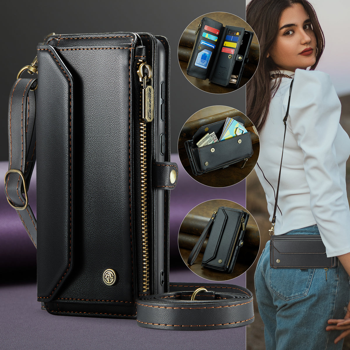 CASEME for Samsung Galaxy S26 FE C36 Leather Case Zipper 10 Card Slots Phone Cover with Straps