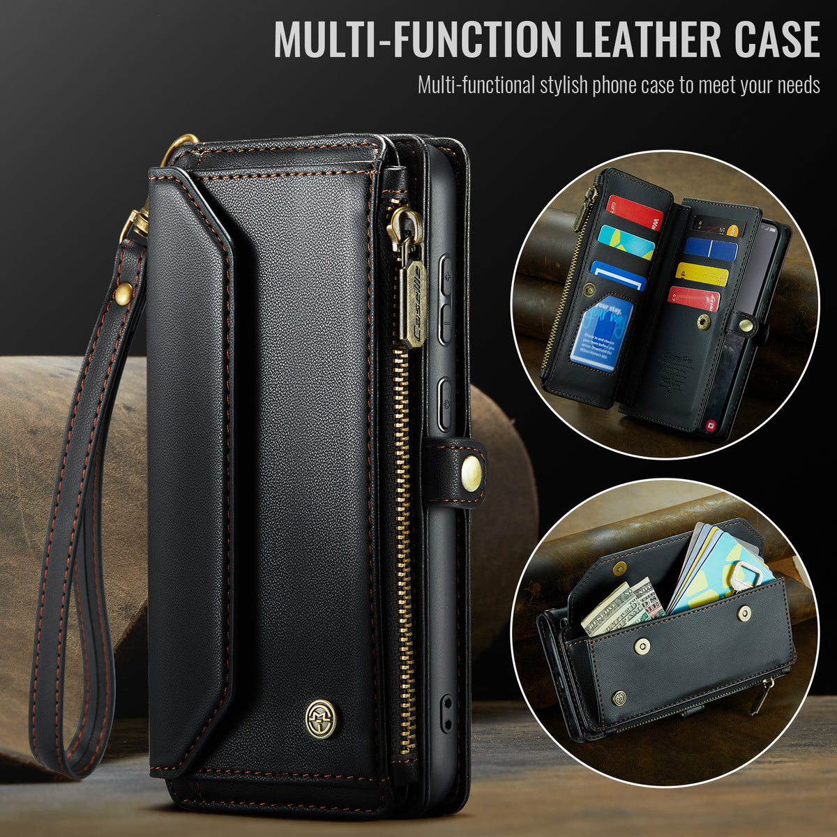 CASEME for Samsung Galaxy S26 FE C36 Leather Case Zipper 10 Card Slots Phone Cover with Straps