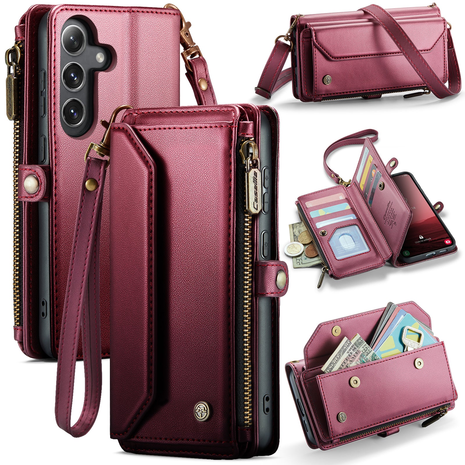 CASEME for Samsung Galaxy S26 FE C36 Leather Case Zipper 10 Card Slots Phone Cover with Straps