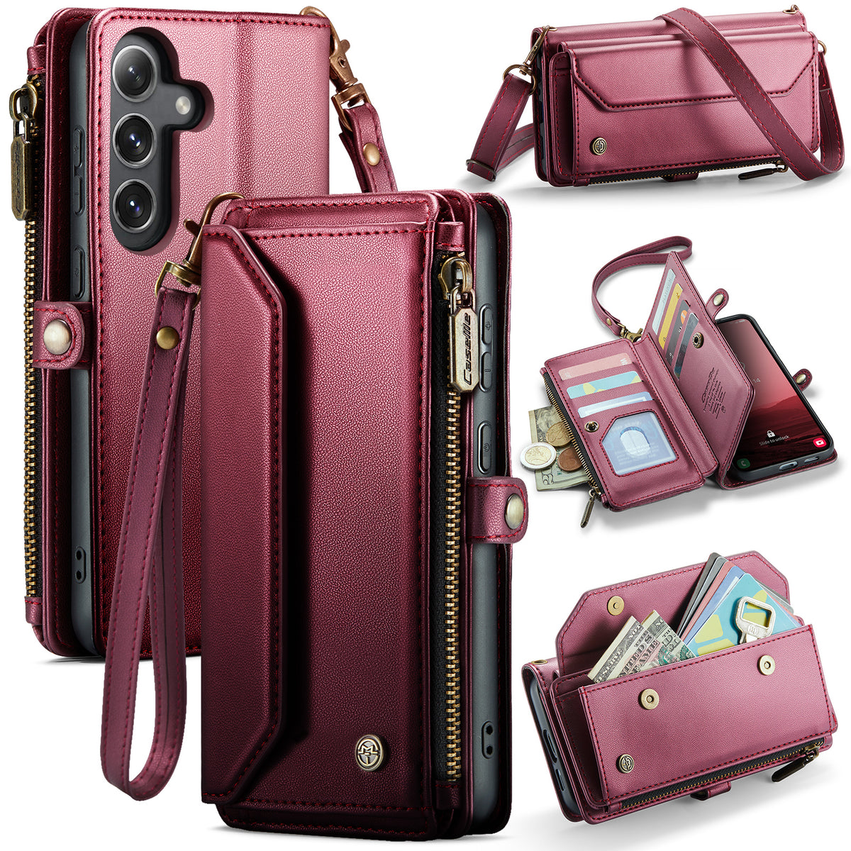 CASEME for Samsung Galaxy S26 FE C36 Leather Case Zipper 10 Card Slots Phone Cover with Straps