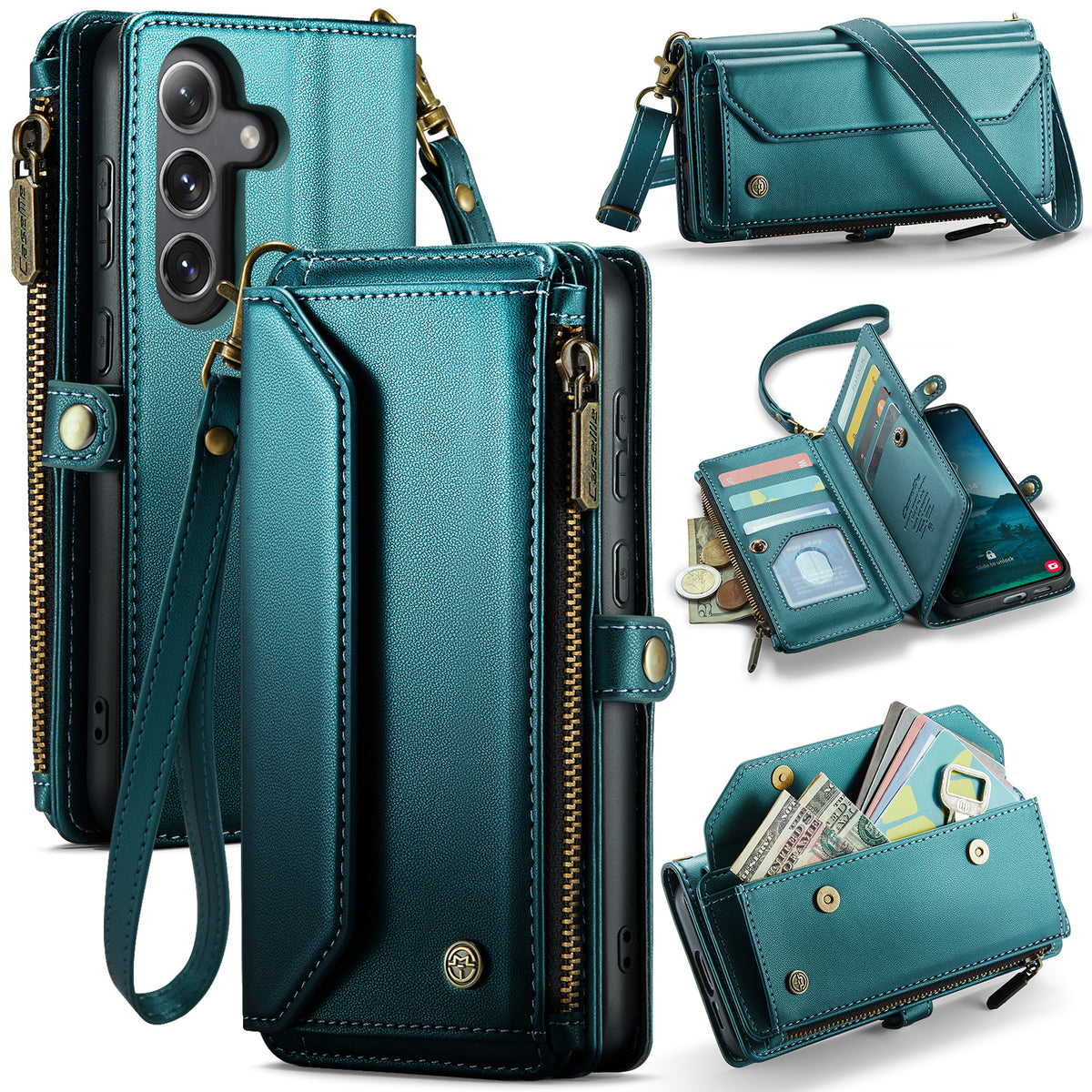 CASEME for Samsung Galaxy S26 FE C36 Leather Case Zipper 10 Card Slots Phone Cover with Straps