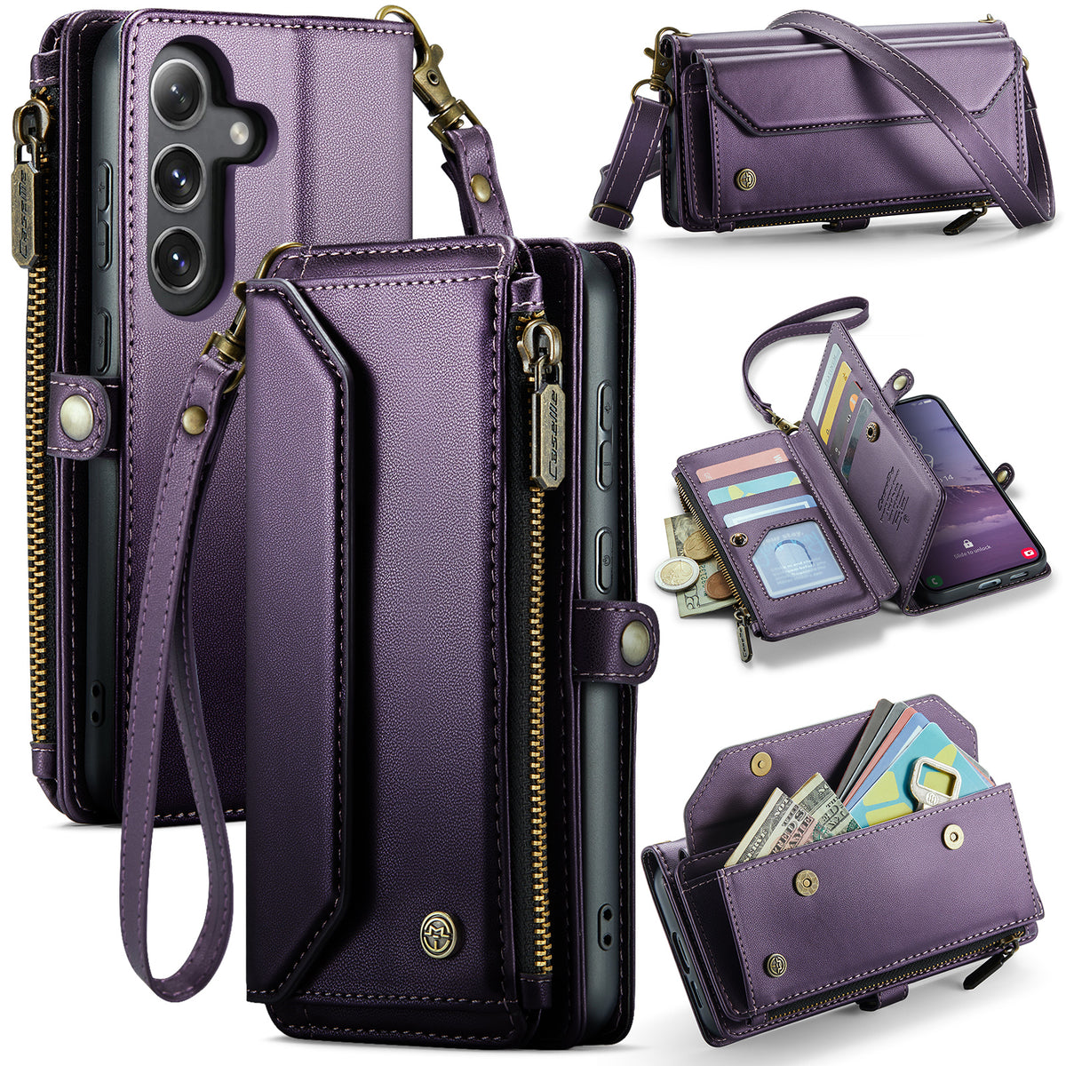 CASEME for Samsung Galaxy S26 FE C36 Leather Case Zipper 10 Card Slots Phone Cover with Straps