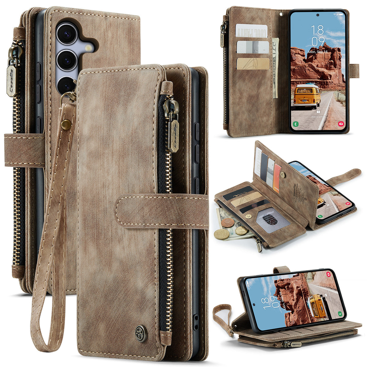 CASEME för Samsung Galaxy S26 FE Plånboksfodral C30 Lädermobilfodral med 10 Korthållare med Blixtlåsficka