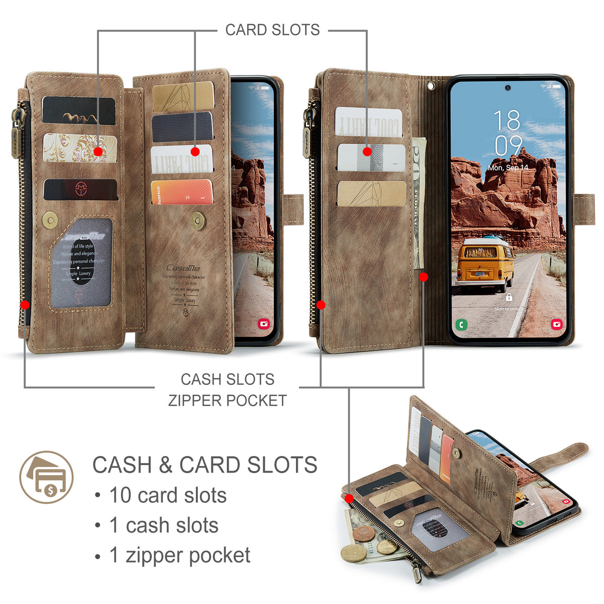 CASEME för Samsung Galaxy S26 FE Plånboksfodral C30 Lädermobilfodral med 10 Korthållare med Blixtlåsficka