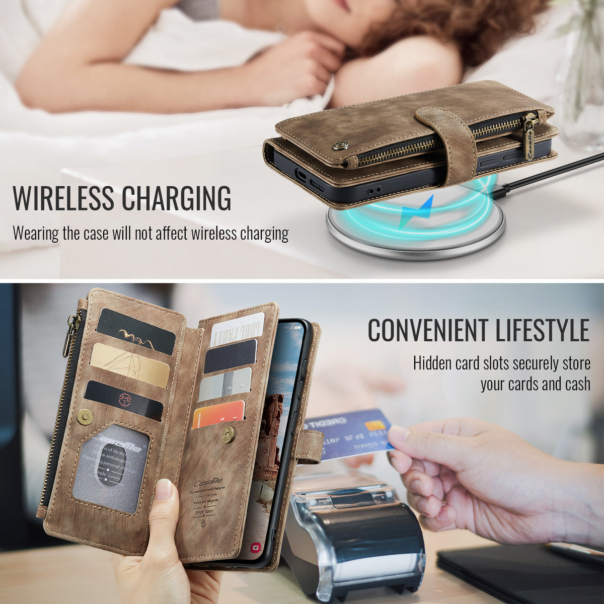 CASEME för Samsung Galaxy S26 FE Plånboksfodral C30 Lädermobilfodral med 10 Korthållare med Blixtlåsficka