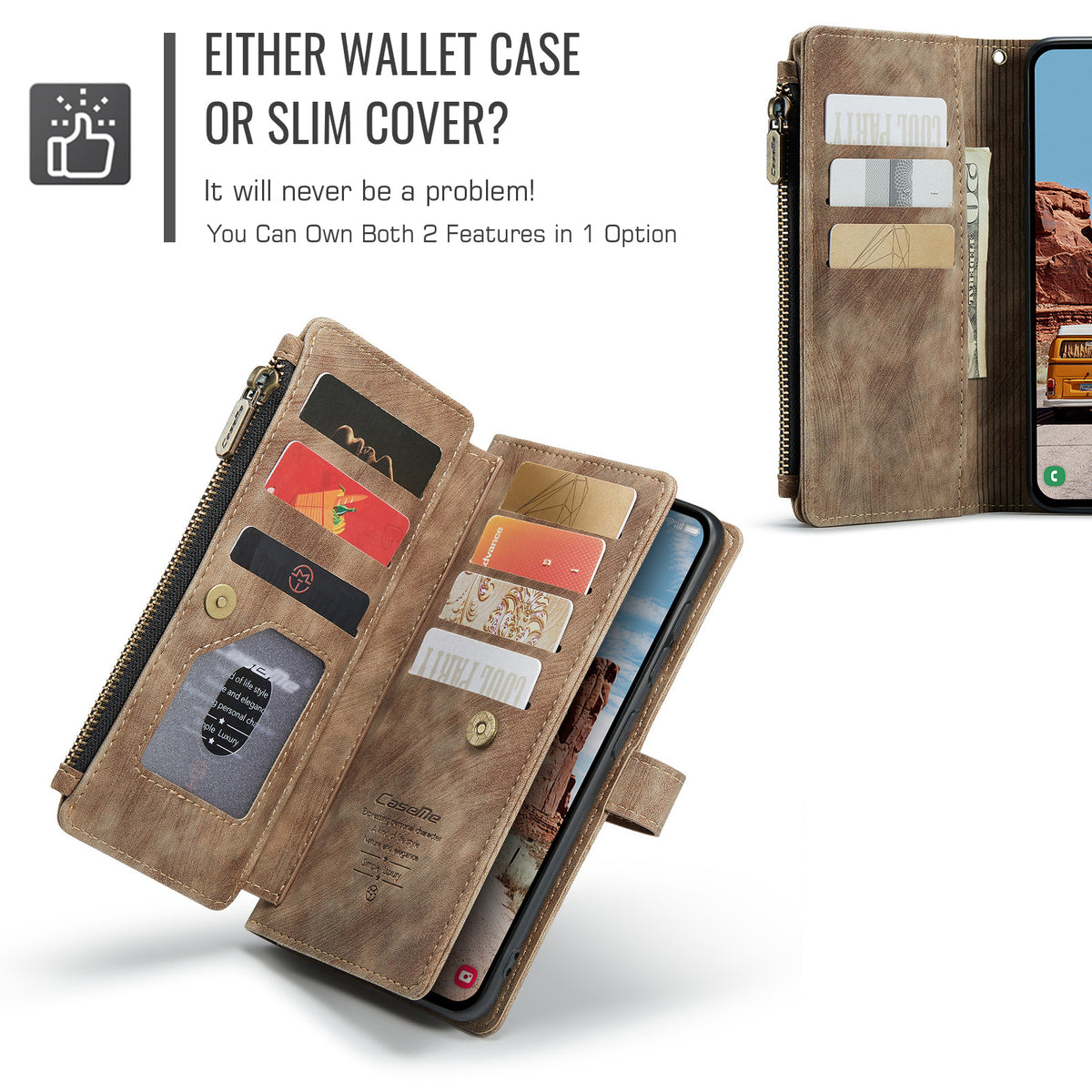 CASEME för Samsung Galaxy S26 FE Plånboksfodral C30 Lädermobilfodral med 10 Korthållare med Blixtlåsficka