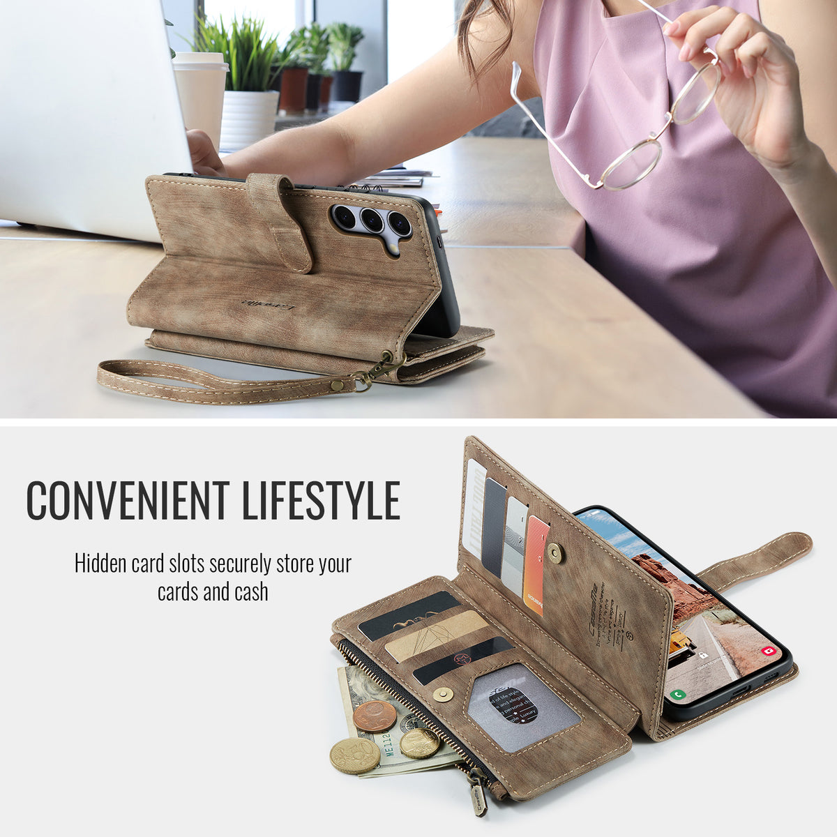 CASEME för Samsung Galaxy S26 FE Plånboksfodral C30 Lädermobilfodral med 10 Korthållare med Blixtlåsficka