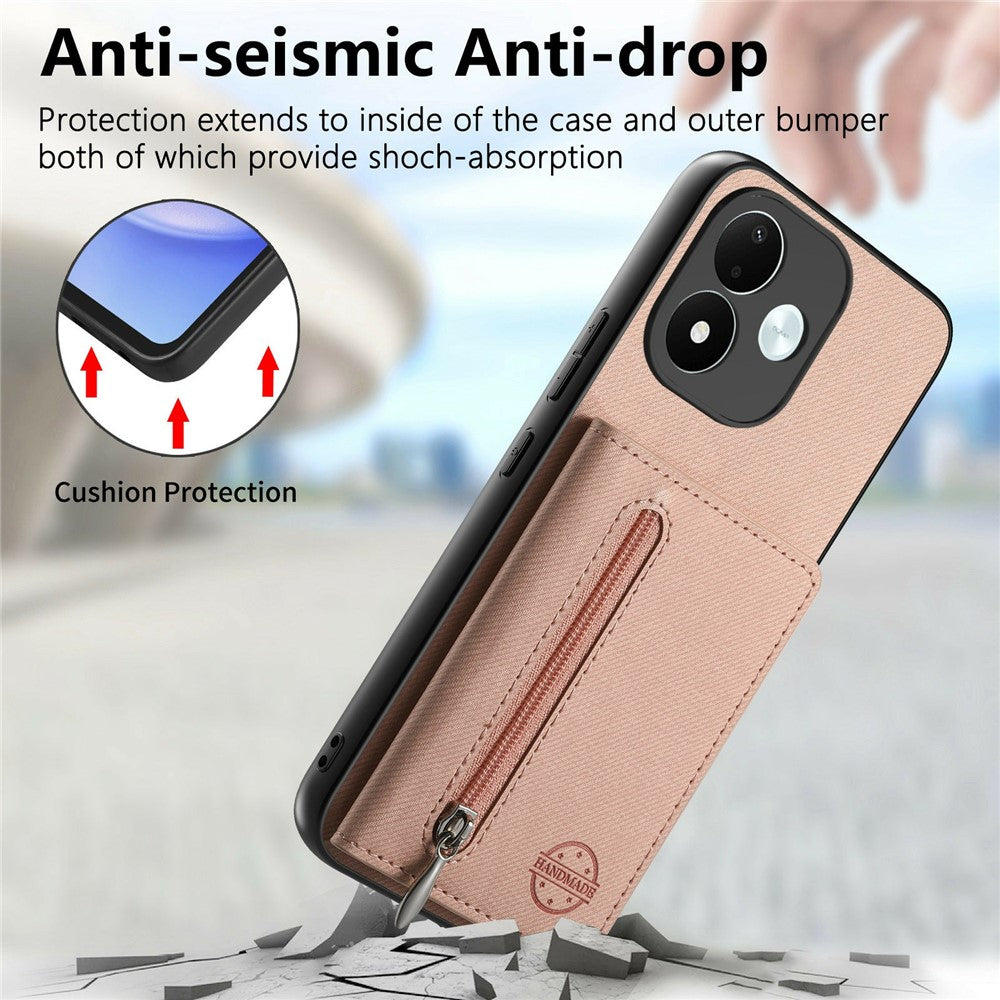 For Xiaomi Redmi Note 17 4G (Global) / Note 17 5G (Global) / Note 17 (India / China) 5G Case Zipper Card Holder Kickstand Jeans Cloth Texture Leather Back Cover