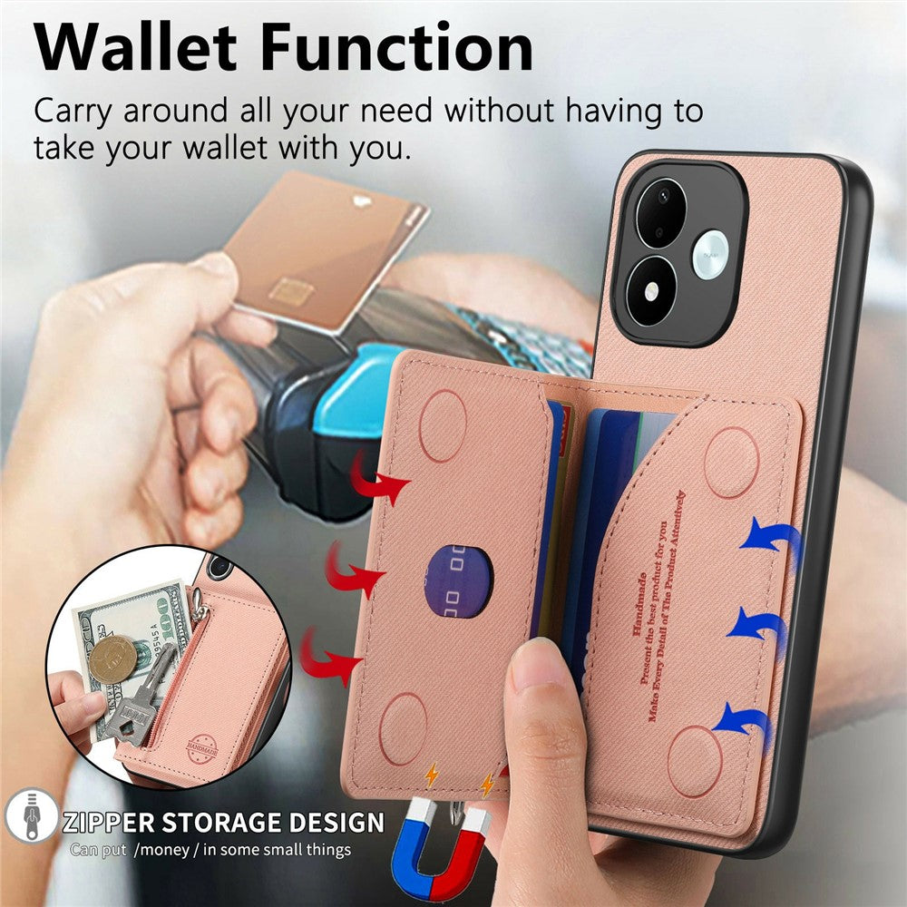 For Xiaomi Redmi Note 17 4G (Global) / Note 17 5G (Global) / Note 17 (India / China) 5G Case Zipper Card Holder Kickstand Jeans Cloth Texture Leather Back Cover